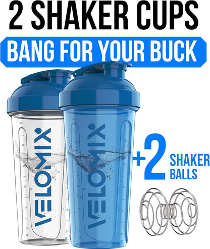 VELOMIX -2 Pack- 28 oz Protein Shaker Bottles for Protein Mixes - 2x Wire Whisk | Leak Proof Shaker Cups for Protein Shakes | Protein Shaker Bottle Pack (Black/Transparent)