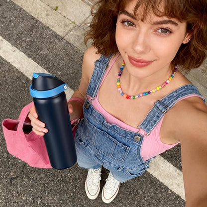 24 oz Stainless Steel Water Bottle with 2-in-1 Quick Flip Straw and Push Button Spout Lid, Fits Car Cupholder, Triple Walled Vacuum Insulated Metal Leakproof, for Gym, Hiking, Trip, Black