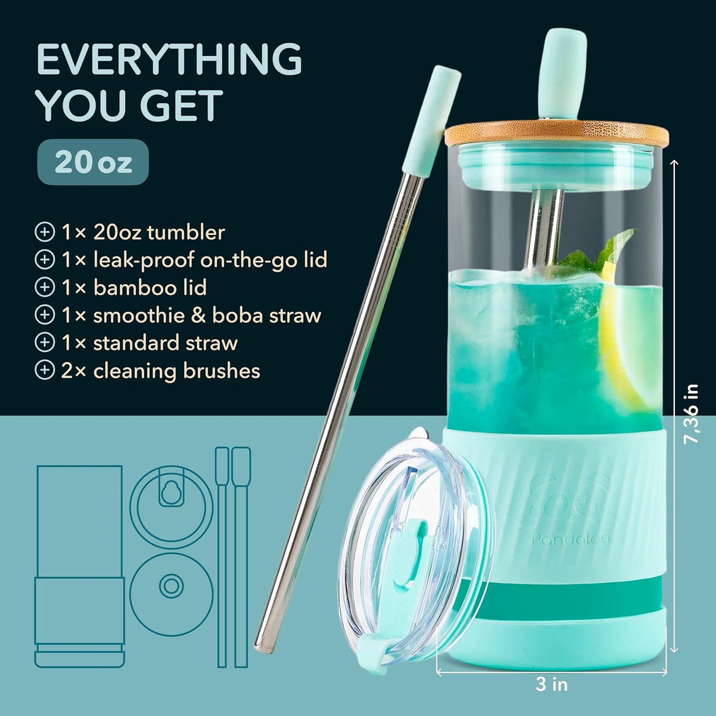 Pandaloo® Glass Cups With Lids and Straws -20 Fl Oz- Perfect Size Iced Coffee Cup - Smoothie Cup With Bamboo Lid and On the go Lid - Glass Tumbler With Straw (1 Count (Pack of 1), Lilac Rhapsody)