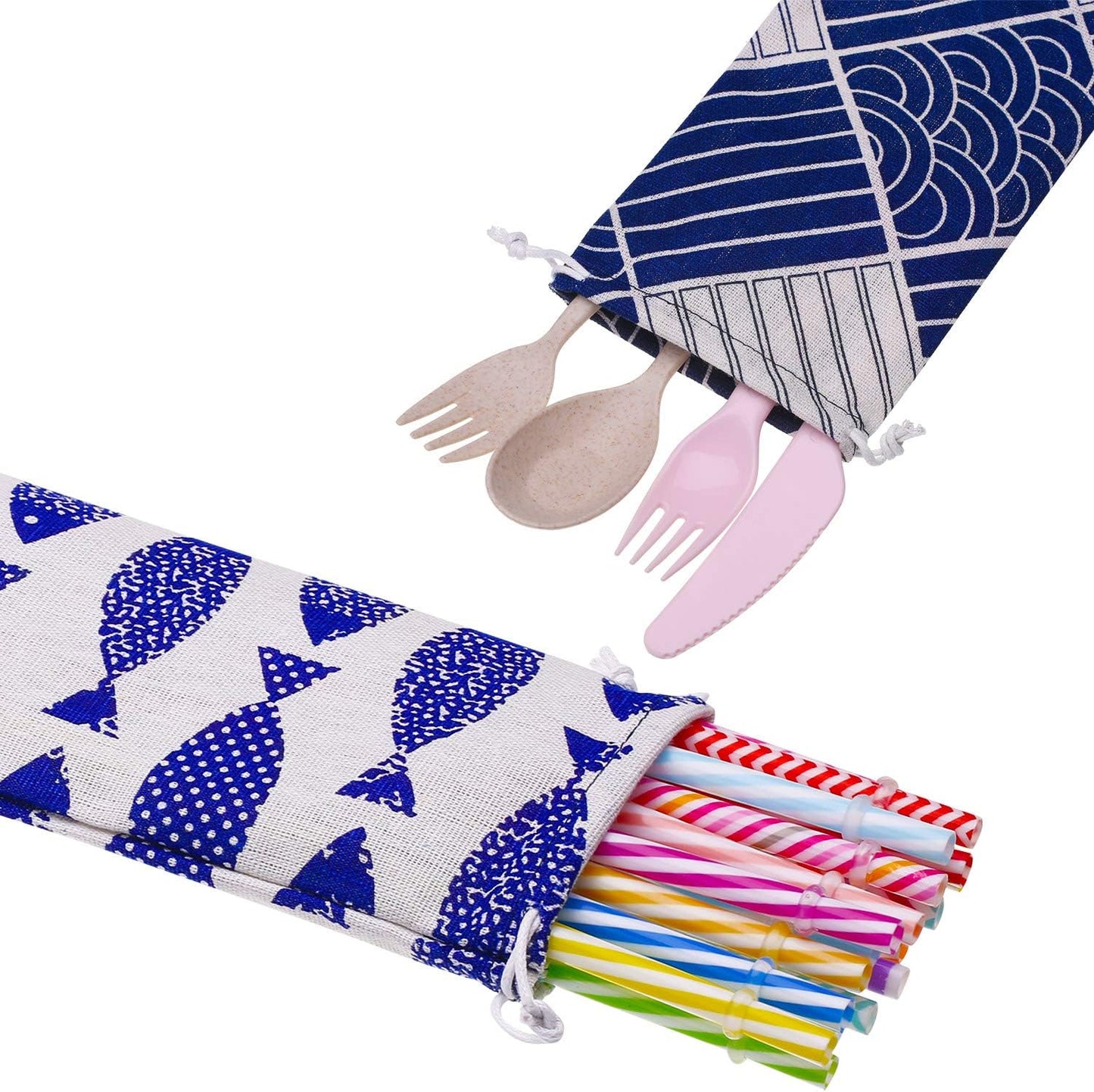 Tatuo 5 Pack Straw Carrying Case Pouch Kit 11.7 x 3.9 Inch Reusable Cutlery Pouch Portable Canvas Utensil Travel Case Bag for Straws Knife Fork Spoon Chopsticks Stainless Steel Glass Silicone