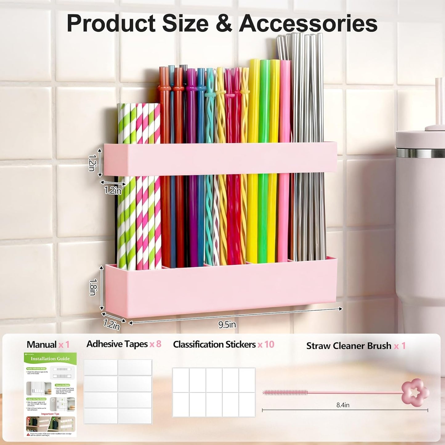 9.5” Large Acrylic Straw Holder for Cabinet Door, Reusable Adjustable Two-Part Straws Organizer with Ultra Sticky Adhesive Strips, 2026 Straw Storage for Kitchen Cupboard (Transparent)
