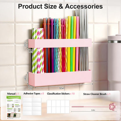 9.5” Large Acrylic Straw Holder for Cabinet Door, Reusable Adjustable Two-Part Straws Organizer with Ultra Sticky Adhesive Strips, 2026 Straw Storage for Kitchen Cupboard (Transparent)