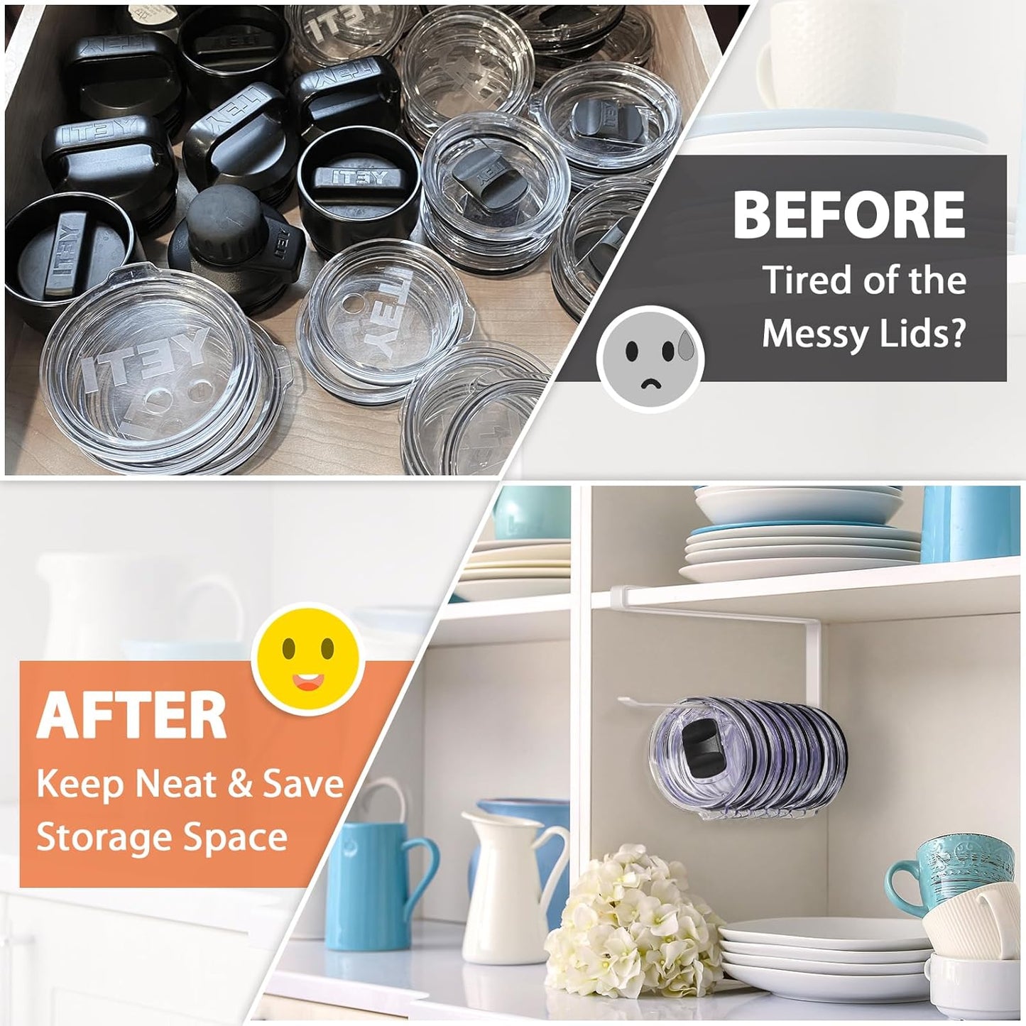 Tumbler Lid Organizer, Horizontal Tumbler Lid Storage Hook Up to 10 Lids, Space Saving Cup Lid Holders Under Cabinet Tumbler Lid Hook for Kitchen Organizer and Storage,Hanging Paper Towel Rack Hanger