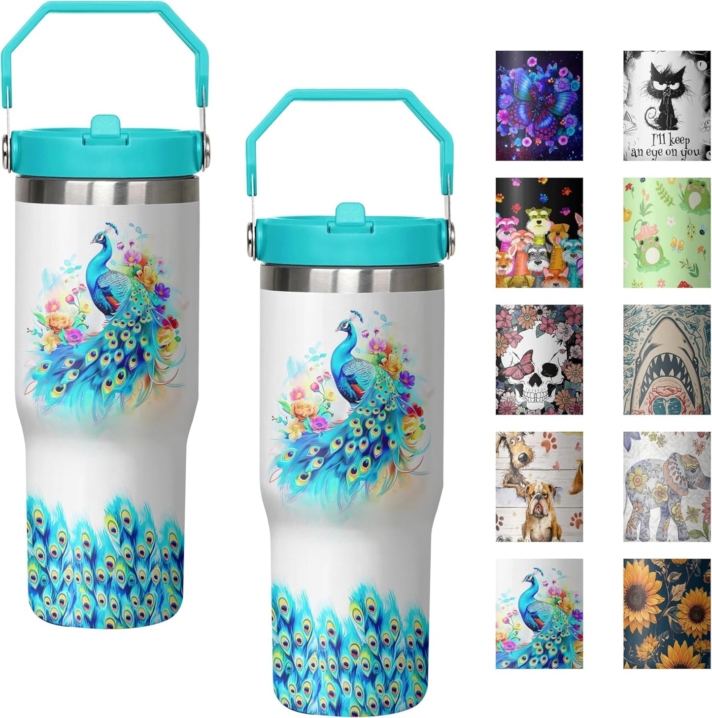 30 oz Peacock Blue Flip Straw Tumbler with Top Handle for Peacock Blue Lover Resuable Vacuum Insulated Flip Top Water bottle for Home Office Car