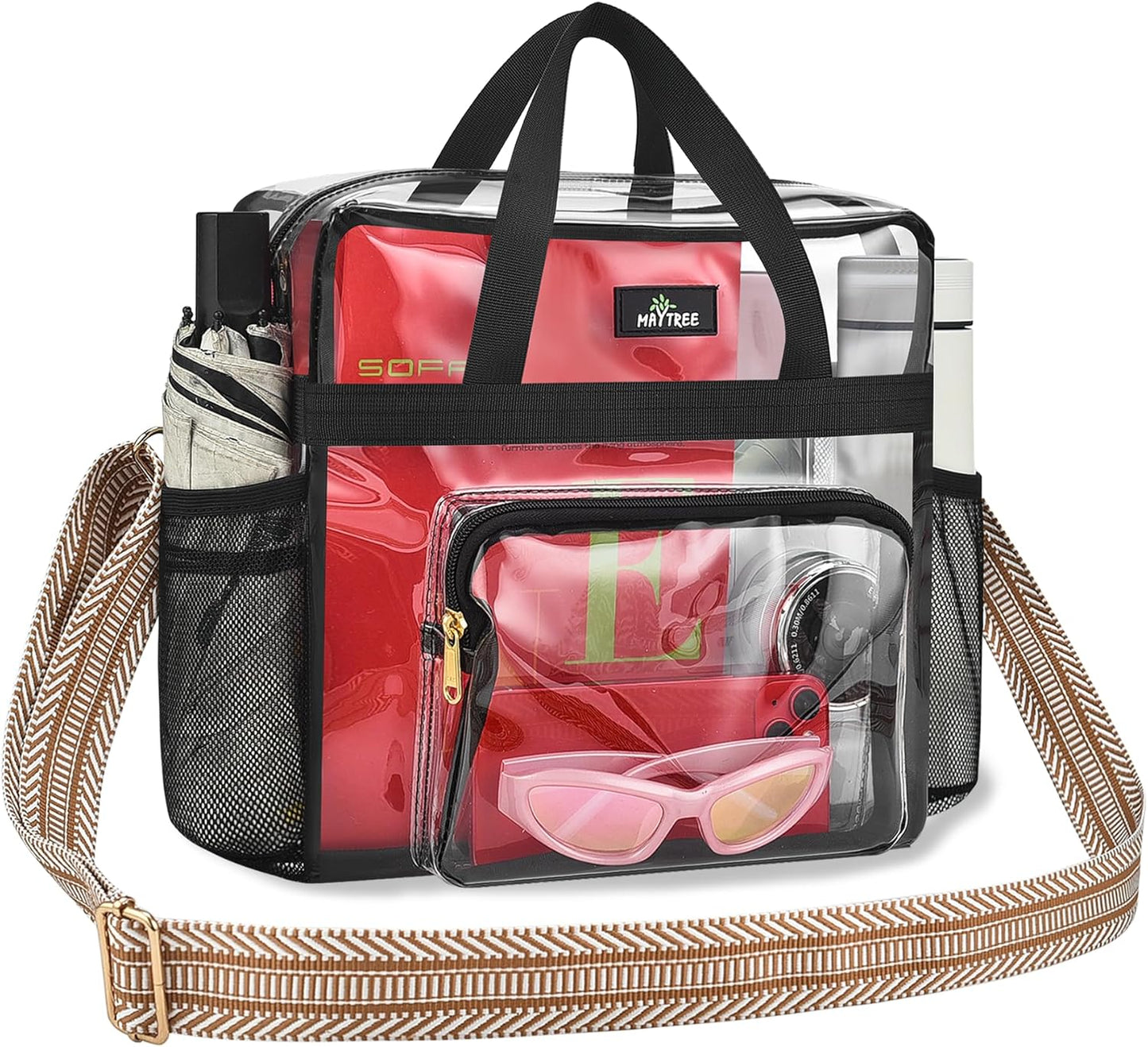 MAY TREE Clear Bag for Stadium Events, 12×5.5×12 Clear Tote Lunch Bag with Non-detachable Reinforced Straps for Work, Sporting Events and Gym, Black