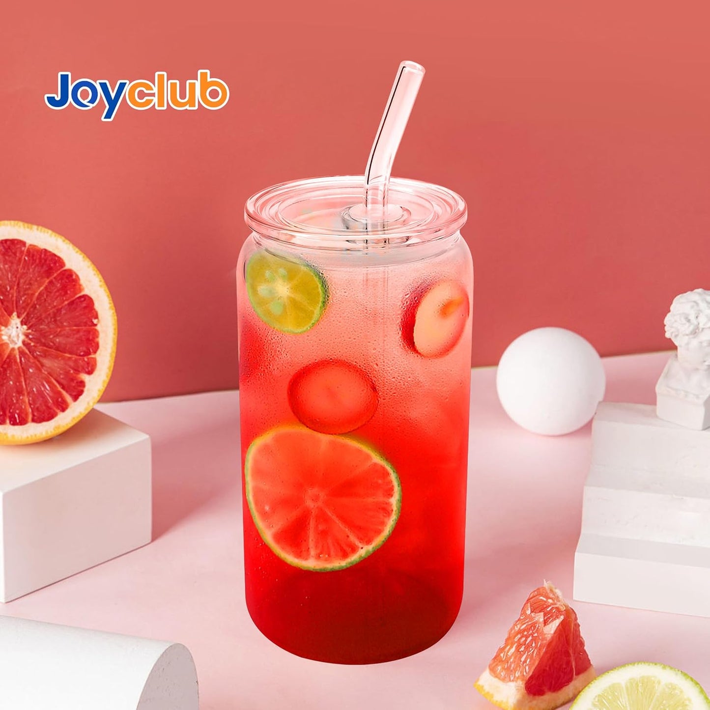 Joyclub 8pcs 16 oz Glass Cups with Acrylic Lids and Straws Can Shaped Iced Coffee Glasses Cute Tumbler Set Drinking Jars for Smoothie Soda Boba Beer Party Housewarming Gifts