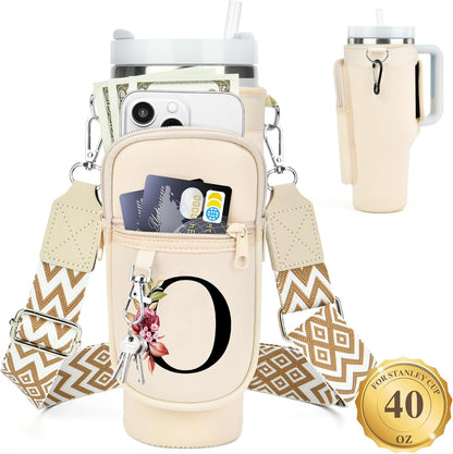 LOKASS Personalized Water Bottle Holder with Strap for Stanley Cup Accessories 40 oz, Initial for Stanley Cup Holder Carrier Bag with Phone Pocket, Stylish Tumbler Accessories for Daily Use Hands-Free