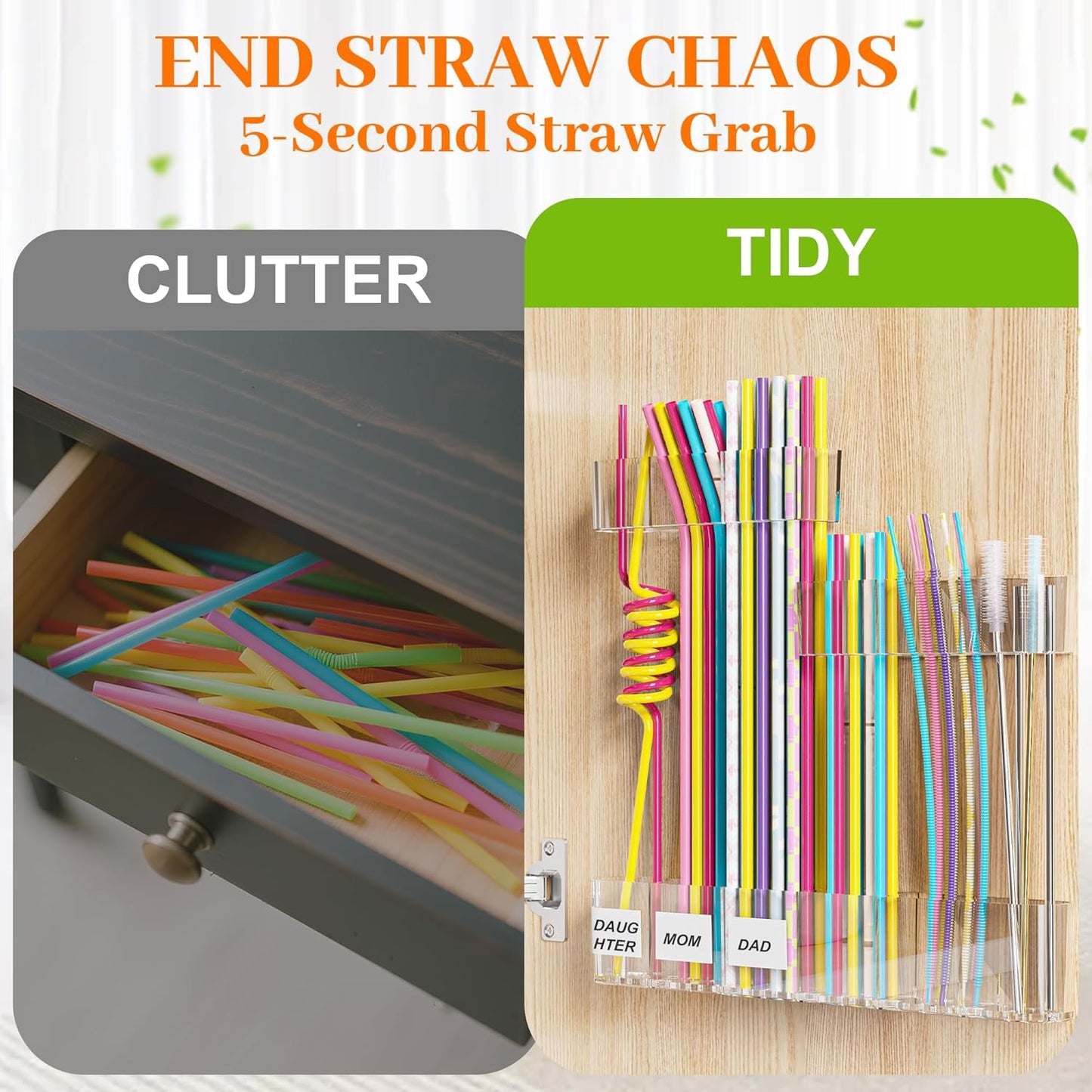 Upgraded 9.84" Large Straw Holder for Cabinet Door, 3-Part Adjustable Straw Organizer Storage with Strong Adhesive Double-sided Tape, Ultra Sticky Under-Cabinet Mount Storage (Transparent)