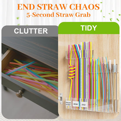 Upgraded 9.84" Large Straw Holder for Cabinet Door, 3-Part Adjustable Straw Organizer Storage with Strong Adhesive Double-sided Tape, Ultra Sticky Under-Cabinet Mount Storage (Transparent)