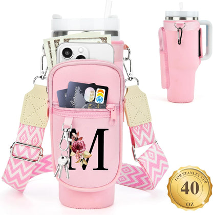 LOKASS Personalized Water Bottle Holder with Strap for Stanley Cup Accessories 40 oz, Initial for Stanley Cup Holder Carrier Bag with Phone Pocket, Stylish Tumbler Accessories for Daily Use Hands-Free