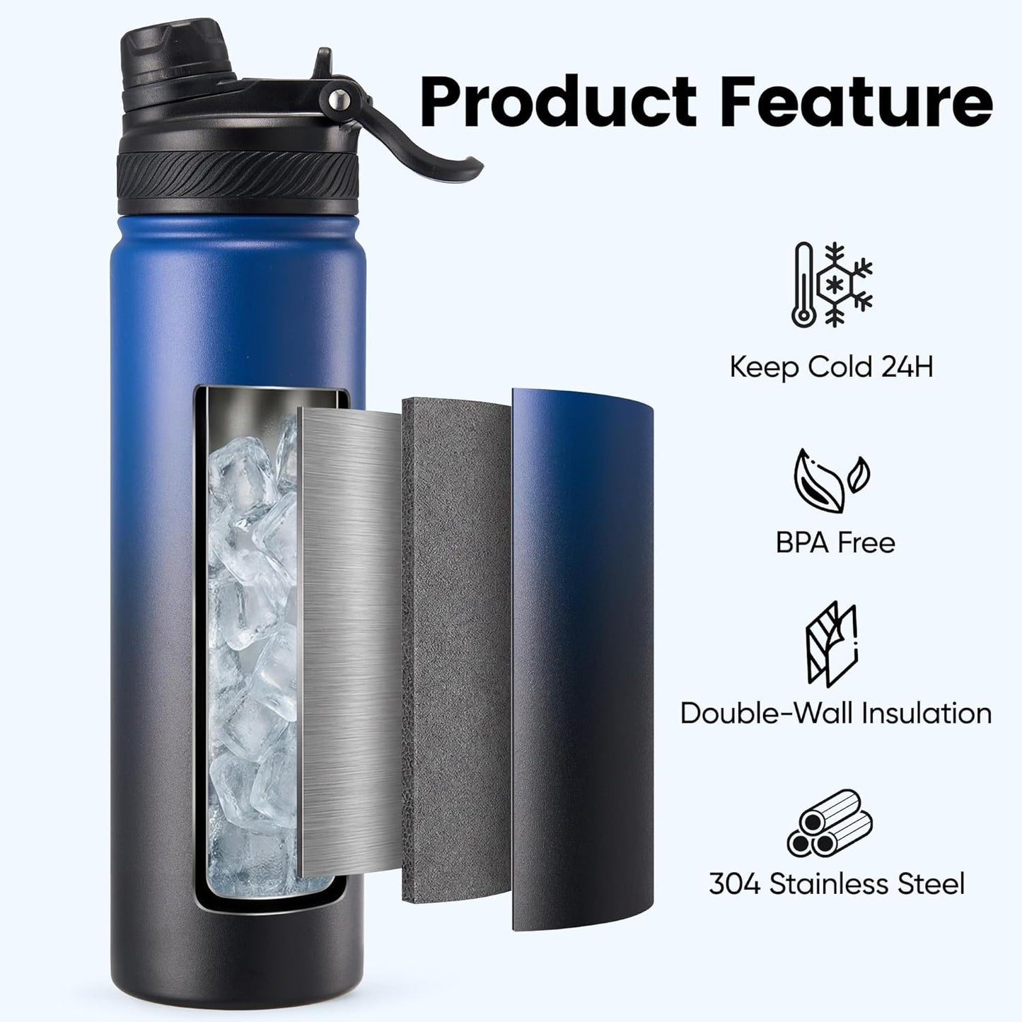 Fijinhom 18 oz Insulated Water Bottle, 2-in-1 Straw and Spout Lid Stainless Steel Thermos, Leak-Proof, Double Wall Vacuum Flask, Keep Cold 24H for Outdoor, Sports, Travel, School (Black)
