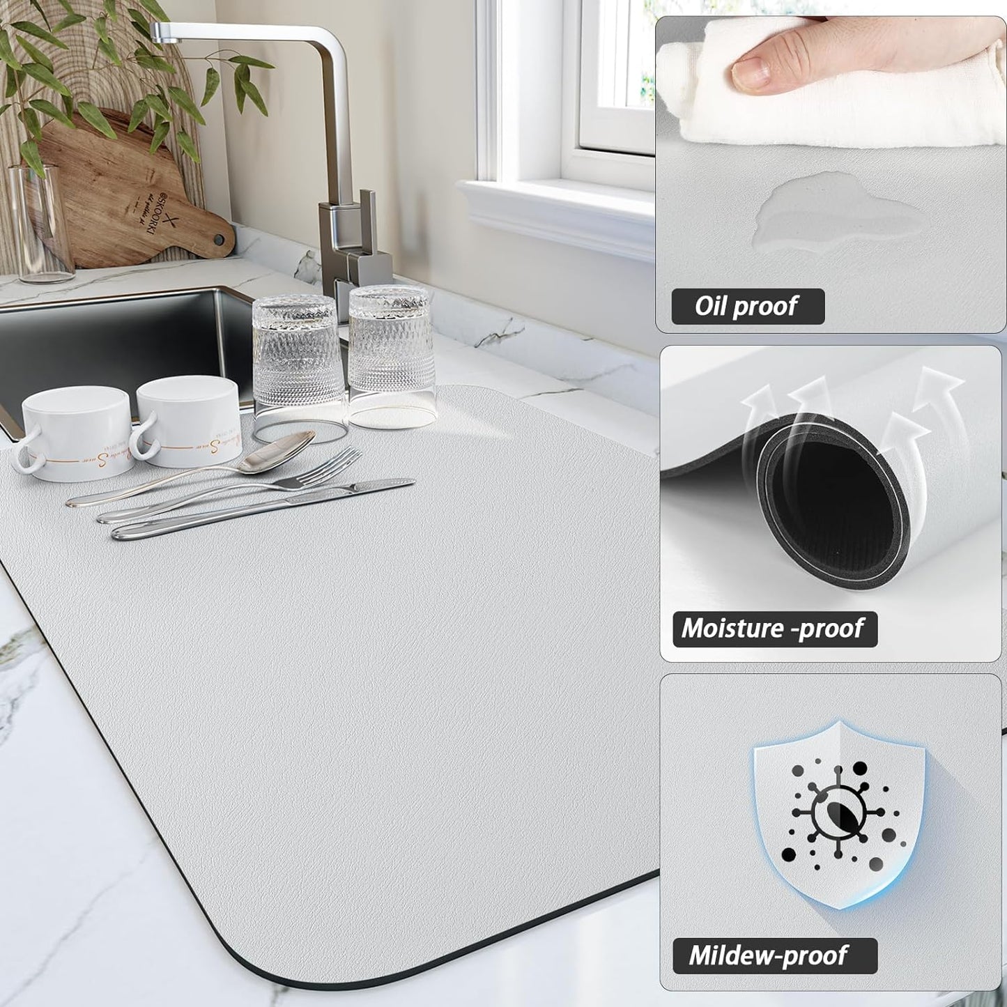 HotLive Dish Drying Mat for Kitchen Counter, Heat Resistant Drainer Mats with Non-slip Rubber Backed, Hide Stain Kitchen Super Absorbent Draining Mat, Easy to Clean Dish Rack Pad, Dark Grey 16"x18"