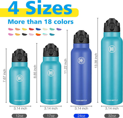 Han's Bottle Sports Water Bottle - 24 Oz, Straw Lid, Leak Proof, Vacuum Insulated Stainless Steel, Double Walled, Thermo Mug,Black