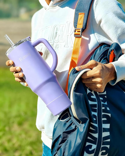 Renoj Insulated Mug 100% Leak Proof Insulated Water Bottle for Iced Coffee & Hot Drinks - Fits Car Cup Holder, Ideal Gift, 2 Straws & Silicone Boot - SnapShift Pink 32 oz