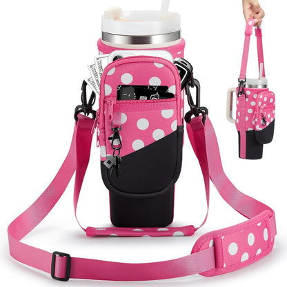 BULKITEM Water Bottle Carrier Bag with Phone Pocket for Stanley 40 & 30 oz Tumbler with Handle,Pink Insulated Neoprene Cup Holder Pouch w/Adjustable Strap for Quencher H2.0 Stanley Cup Accessories