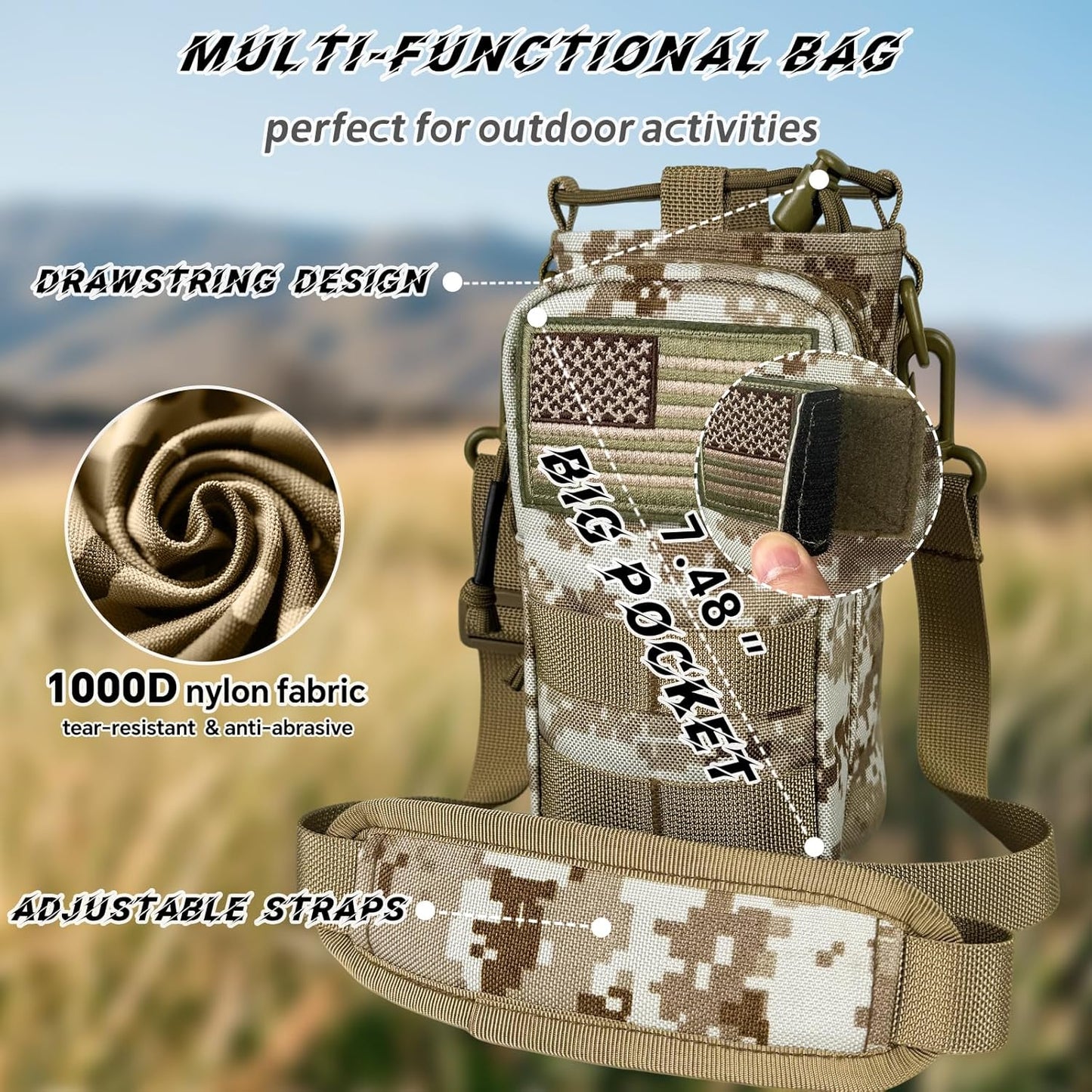 Water Bottle Holder with Strap - Tactical Insulated Water Bottle Sleeve with MOLLE System Water Bottle Cover Cross-Body Pouch for Walking Hiking Camping Gym 32oz&40oz
