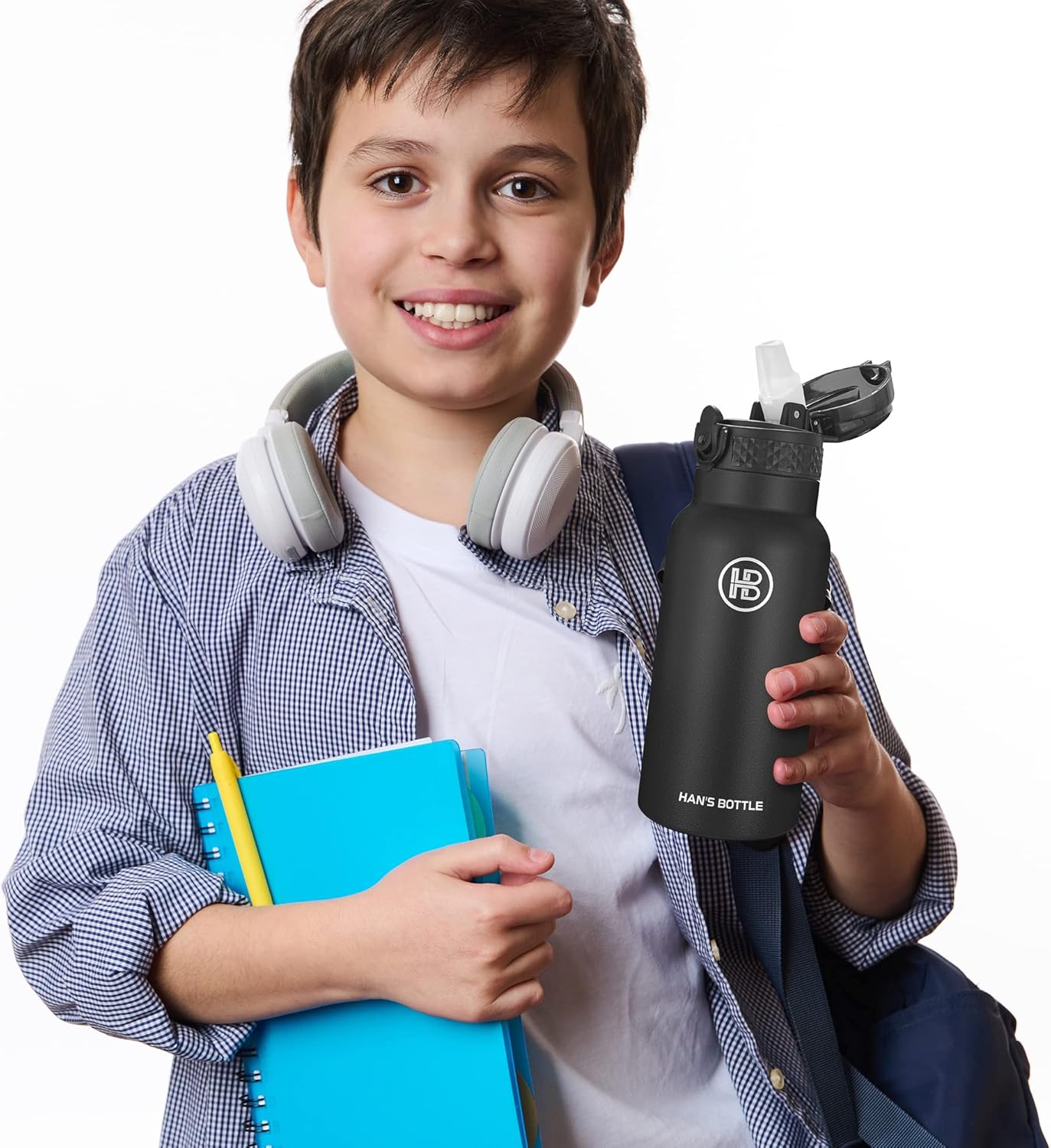 Han's Bottle Sports Water Bottle - 24 Oz, Straw Lid, Leak Proof, Vacuum Insulated Stainless Steel, Double Walled, Thermo Mug,Black