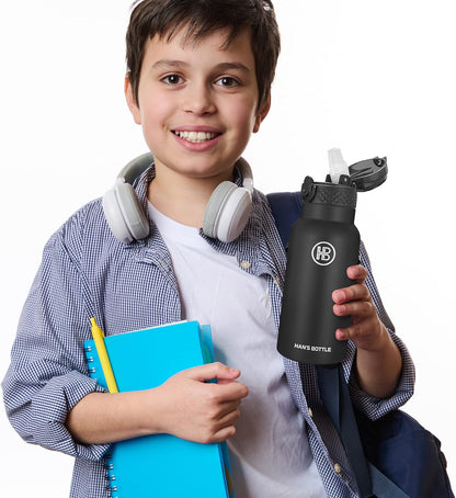 Han's Bottle Sports Water Bottle - 24 Oz, Straw Lid, Leak Proof, Vacuum Insulated Stainless Steel, Double Walled, Thermo Mug,Black