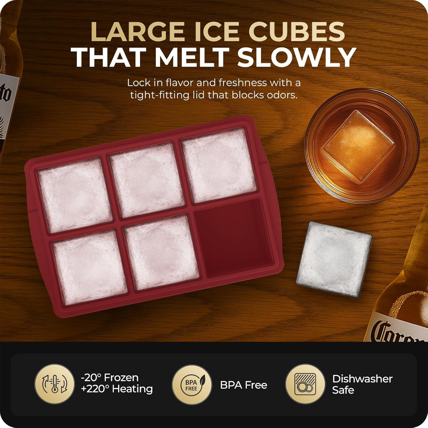 Large Ice Cube Trays for Whiskey, Silicone Ice Cube Tray, with Reinforced Steel Ring Top, Makes 12 perfect 2-in ice cubes, Square Ice Tray for Cocktails, Whiskey, Coffee. (2 Pack)