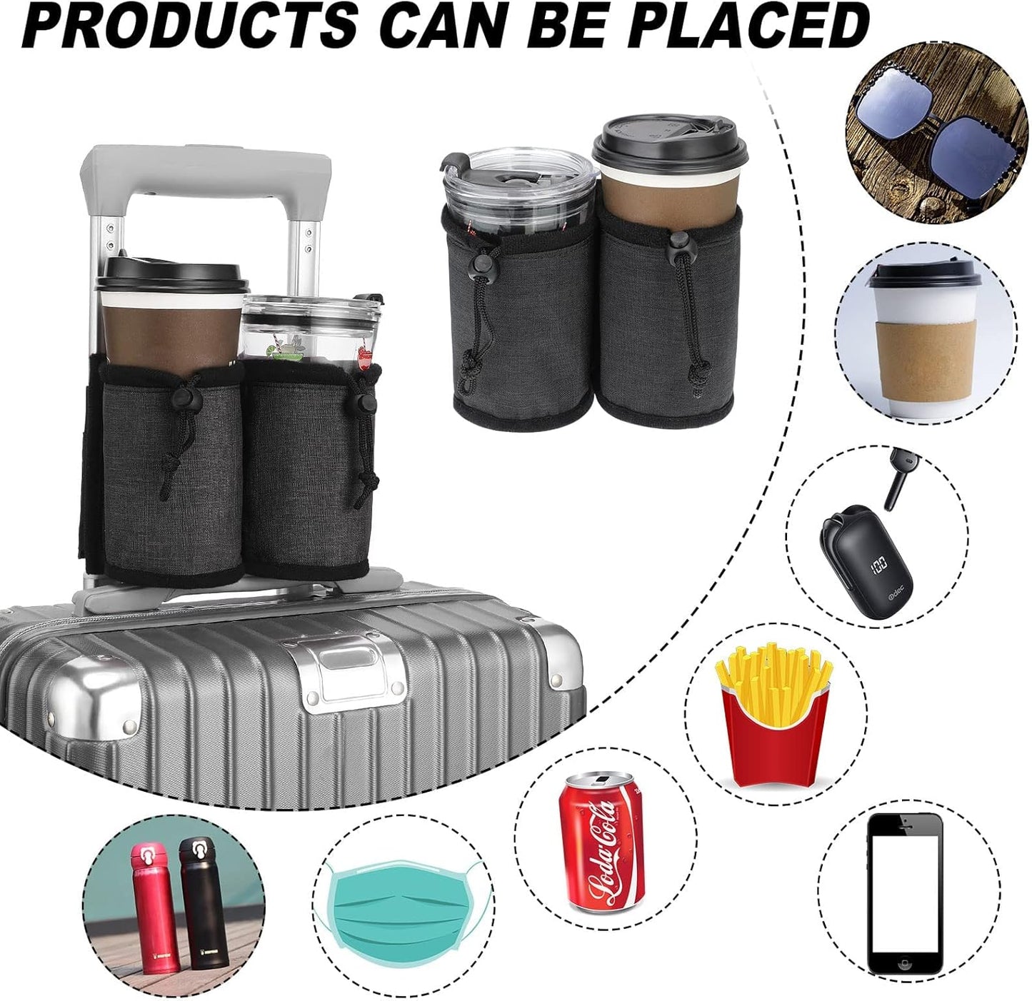 Luggage Cup Holder for Suitcases,Travel Must Haves,Free Hand Drinks Carrier Coffee Mugs Holder,Universal Luggage Accessories for Flight Attendants,Business Travelers Travel Essential - Black