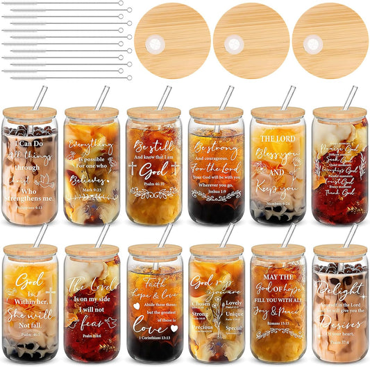 12 Set Christian Gifts Bulk 16oz Glass Cup with Lids Straws Can Shaped Bible Verse Coffee Cup Religious Gifts for Men Women Church Sunday School Bible Study