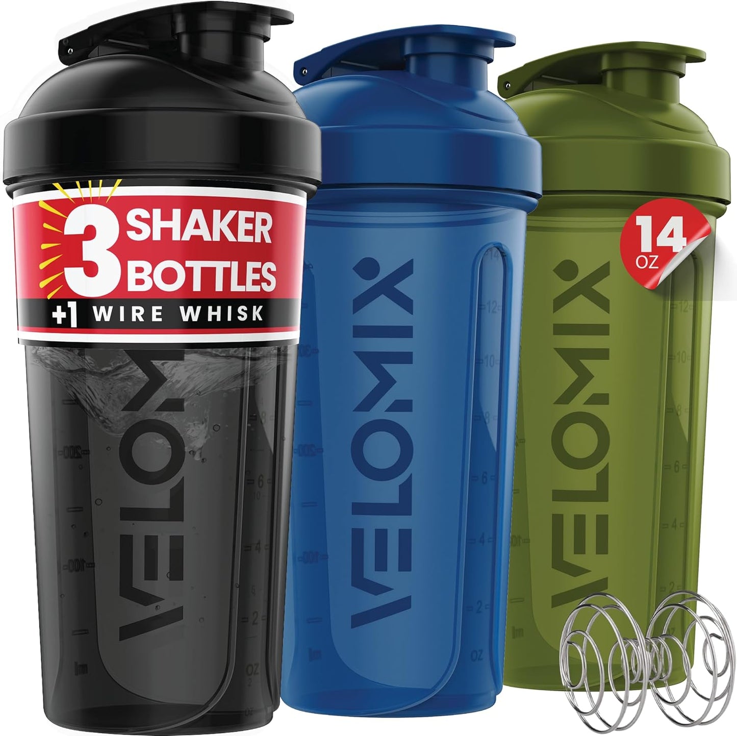 VELOMIX -3 PACK- 14 oz Protein Shaker Bottle for Protein Mixes - 3x Wire Whisk | Leak Proof Shaker Cups for Protein Shakes | Stackable Protein Shaker Bottle Pack | Dishwasher Safe (Mixed Colors)