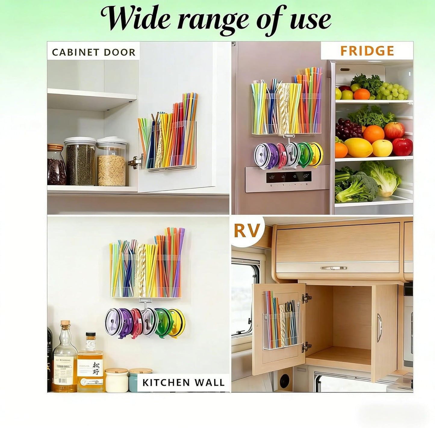 10''Acrylic Straw Holder for Cabinet Door with Tumbler Straw Organizer,Large Straw Storage with Washable Sticky Reusable Cup Lid Holder,Water Bottle Accessories Organizer for Kitchen(Clear)