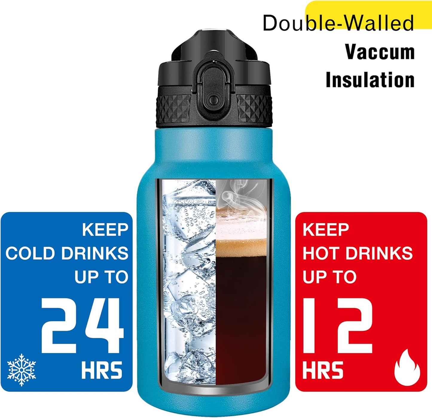 Han's Bottle Sports Water Bottle - 24 Oz, Straw Lid, Leak Proof, Vacuum Insulated Stainless Steel, Double Walled, Thermo Mug,Black