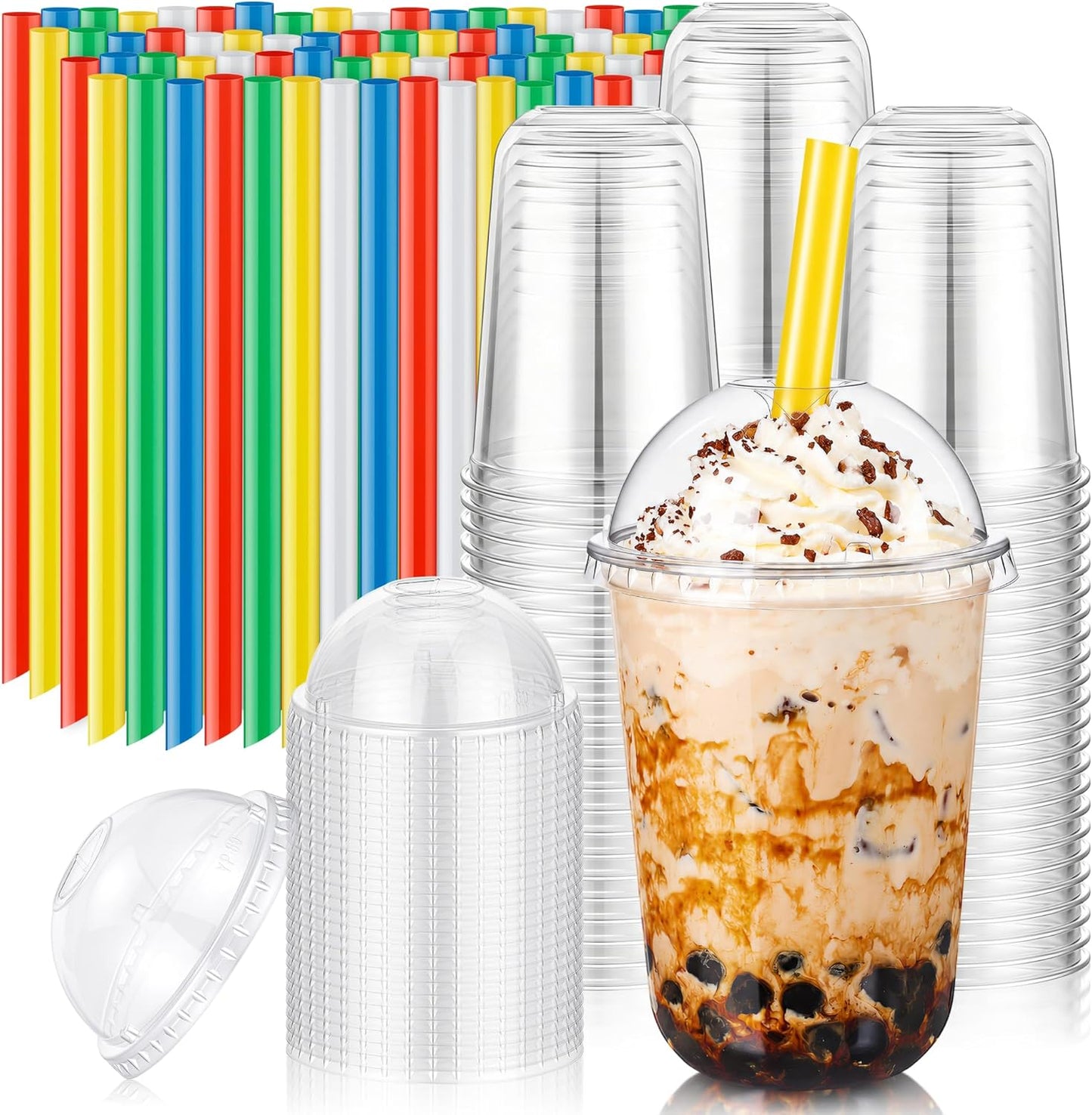 KesaPlan 50 Pack 16oz Clear Plastic Cups with Lids & Colorful Wide Straws, Disposable Smoothie Cup, Round Bottom To Go Drinking Cup for Bubble Tea, Iced Coffee, Milkshakes, Party Picnic Supply