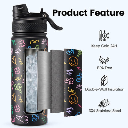 Fijinhom 18 oz Insulated Water Bottle, 2-in-1 Straw and Spout Lid Stainless Steel Thermos, Leak-Proof, Double Wall Vacuum Flask, Keep Cold 24H for Outdoor, Sports, Travel, School (Black)
