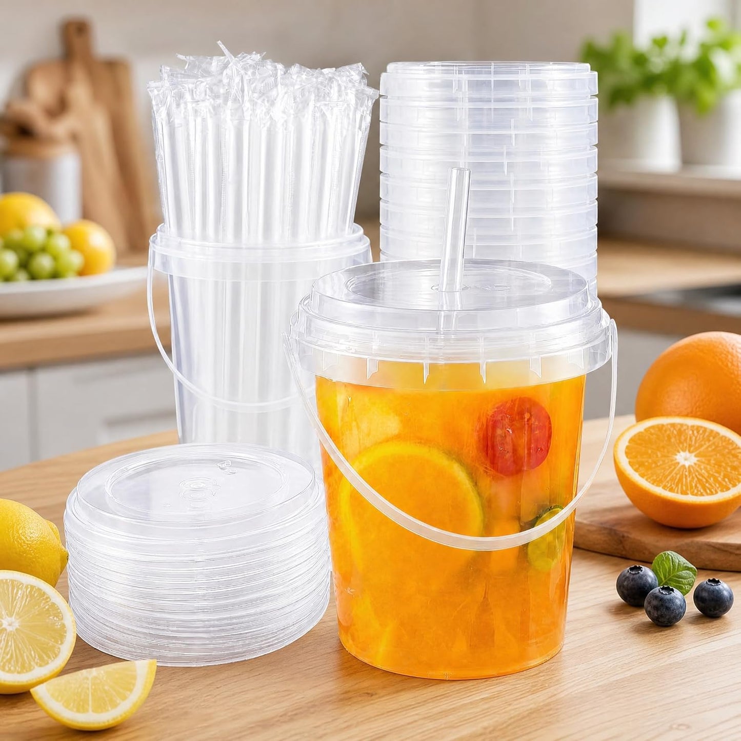 10 Pack 34oz Plastic Cups with Lids and Straws, Disposable Iced Coffee Cups with Lids,Sturdy & Food Safe Drink Buckets for Cold/Hot Drinks,Smoothies, Fruit Drinks Cups Summer Beverages,Bar/Beach Party