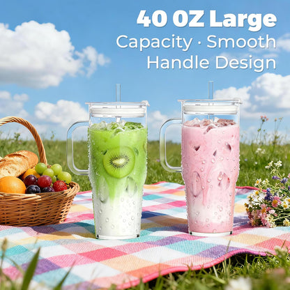 2Pack 40OZ Glass Tumbler with Handle,Glass Cup with Lid and Straw,Reusable Glass Iced Coffee Cup for Beer, Smoothies, Juice,Hot/Cold Drinks-Suitable for Birthday,Wedding