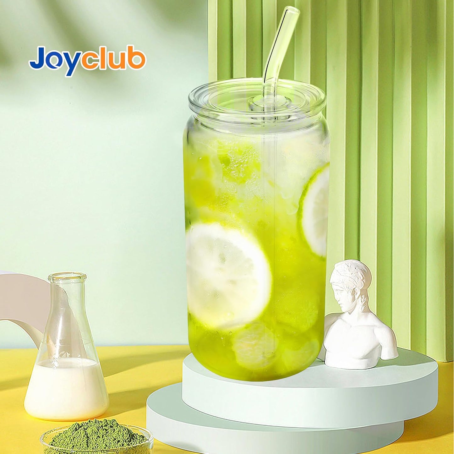 Joyclub 8pcs 16 oz Glass Cups with Acrylic Lids and Straws Can Shaped Iced Coffee Glasses Cute Tumbler Set Drinking Jars for Smoothie Soda Boba Beer Party Housewarming Gifts