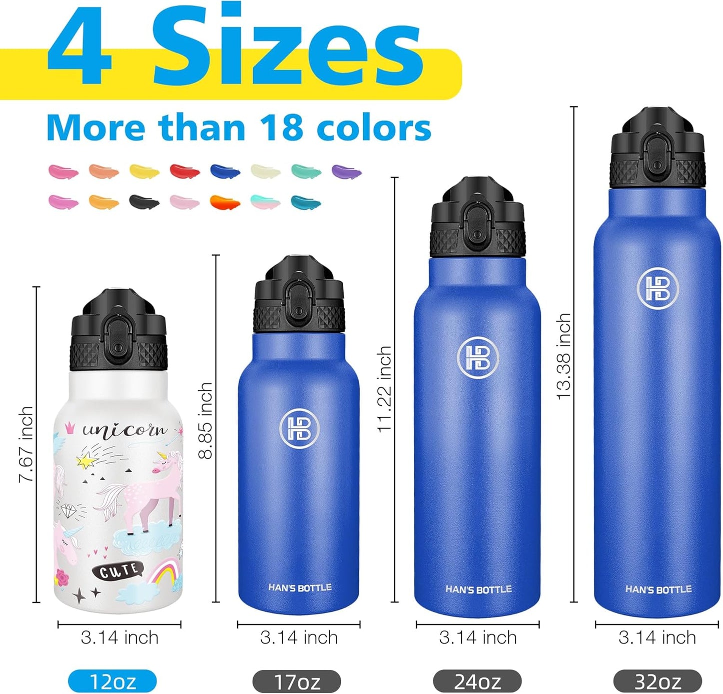Han's Bottle Sports Water Bottle - 24 Oz, Straw Lid, Leak Proof, Vacuum Insulated Stainless Steel, Double Walled, Thermo Mug,Black