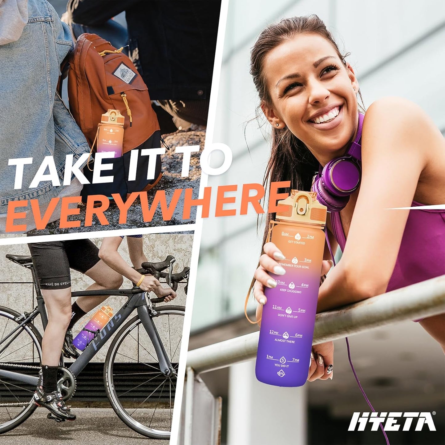 Hyeta 32oz Water Bottles with Straw - Stay Motivated and Hydrated with Convenient Times to Drink Markings, Durable, Leak-proof