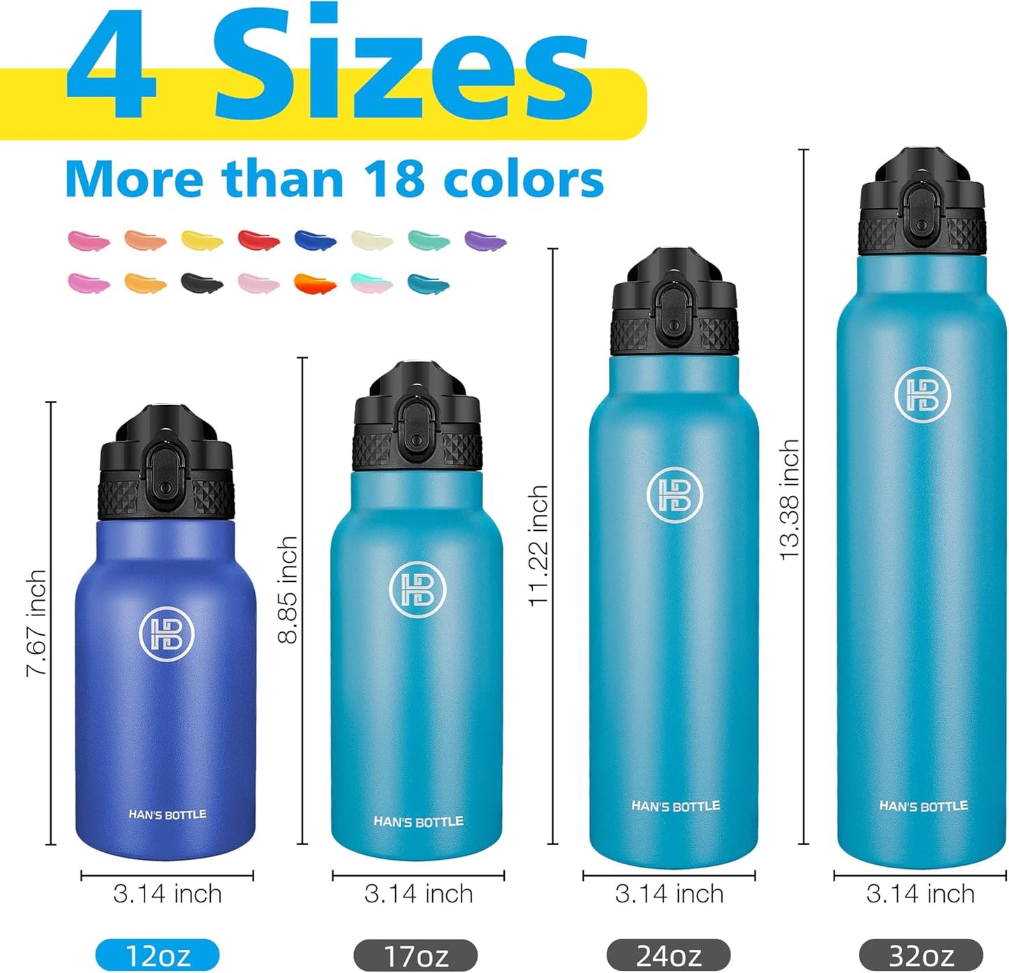 Han's Bottle Sports Water Bottle - 24 Oz, Straw Lid, Leak Proof, Vacuum Insulated Stainless Steel, Double Walled, Thermo Mug,Black