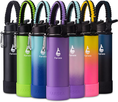 Farsea Insulated Water Bottle With Paracord Handle, Protective Silicone Boot and 2 Lids (Straw Lid & Spout Lid), Stainless Steel Water Bottle Wide Mouth, Double Wall Sweat-Proof BPA-Free, 24 oz