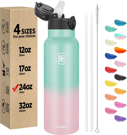 Han's Bottle Sports Water Bottle - 24 Oz, Straw Lid, Leak Proof, Vacuum Insulated Stainless Steel, Double Walled, Thermo Mug,Black