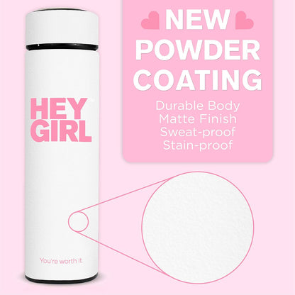 Hey Girl Tea Infuser Bottle 450ml - Insulated Stainless Steel Water Bottle - Tea Tumbler with Tea Diffuser - Portable Travel Mug for Loose Leaf Tea & Infused Water - Tea Lovers Gifts for Women (Pink)