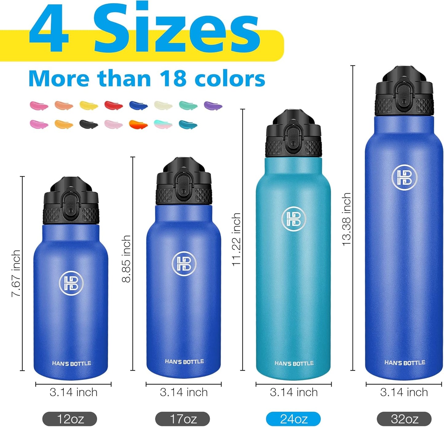 Han's Bottle Sports Water Bottle - 24 Oz, Straw Lid, Leak Proof, Vacuum Insulated Stainless Steel, Double Walled, Thermo Mug,Black