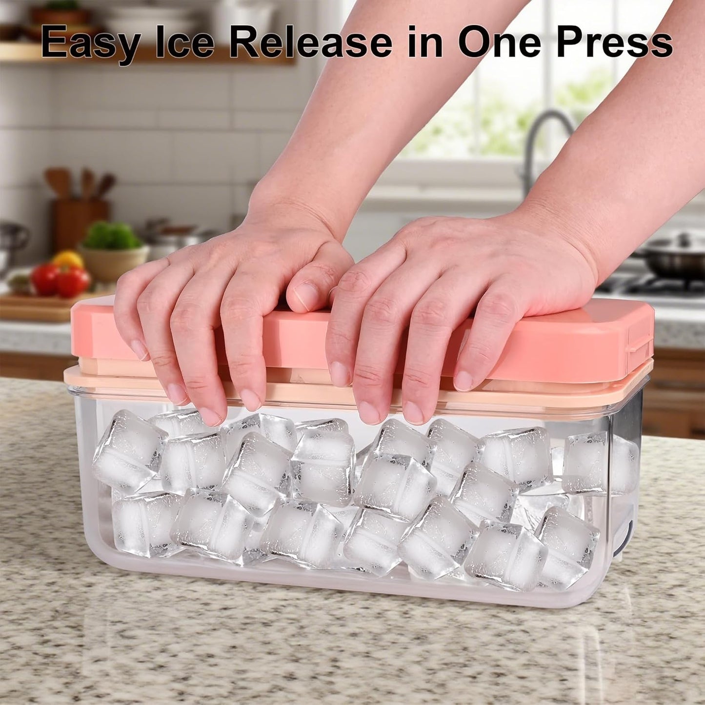 Ice Trays for Freezer with Lid & Bin, Ice Cube Tray Making 64 pcs Ice Cubes, Easy Press to Release Ice, Ice Tray with Storage Bin Chilling Cocktail Whiskey Coffee 2 Trays 1 Ice Bucket & Scoop (Black)