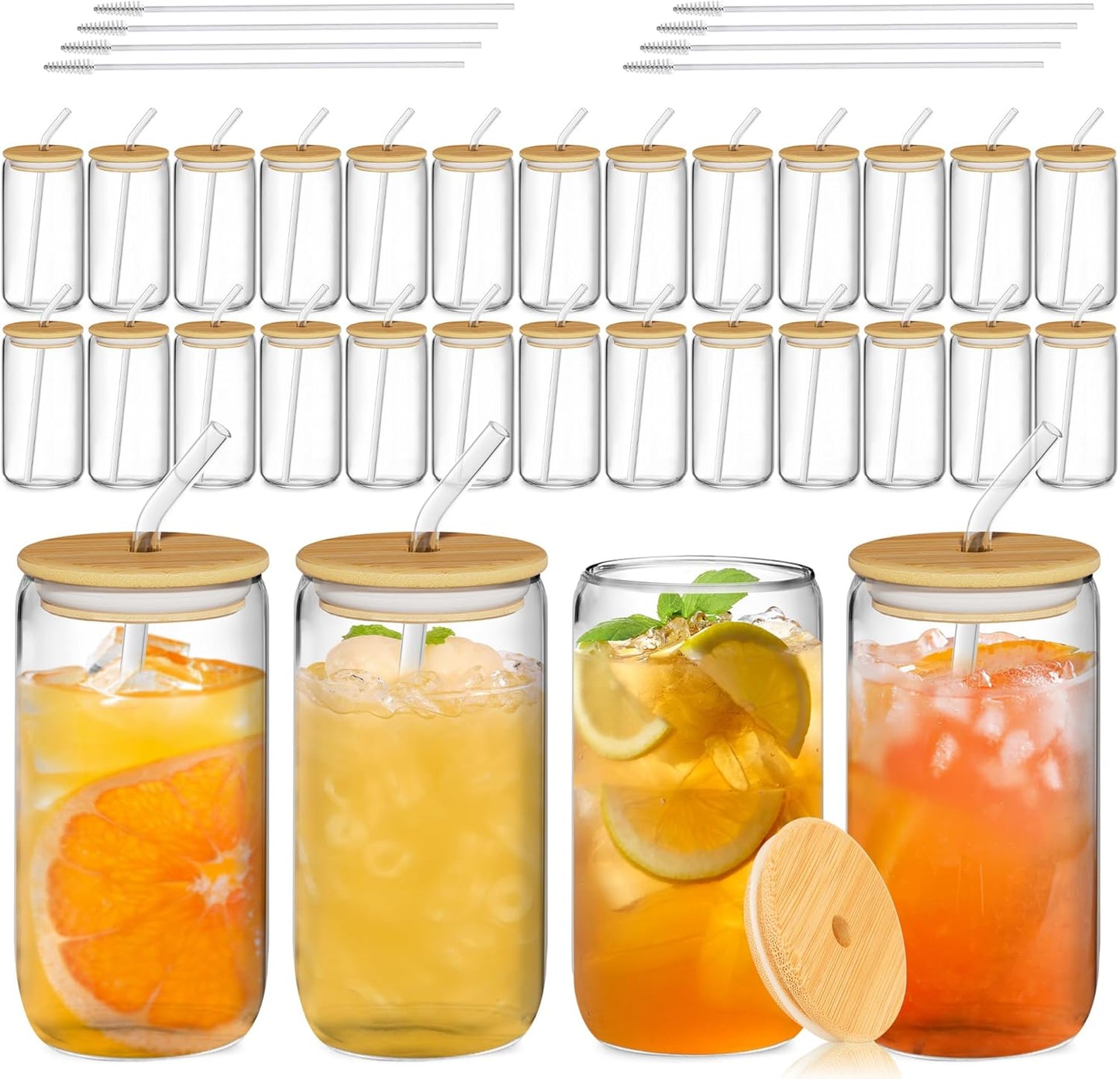 12 Pcs Glass Cups with Bamboo Lids and Straws - 16oz Glass Tumbler, Iced Coffee Cup, Can Shaped Drinking Glasses for Coffee, Tea, Smoothie, Juice, Cocktail Include 2 Cleaning Brushes
