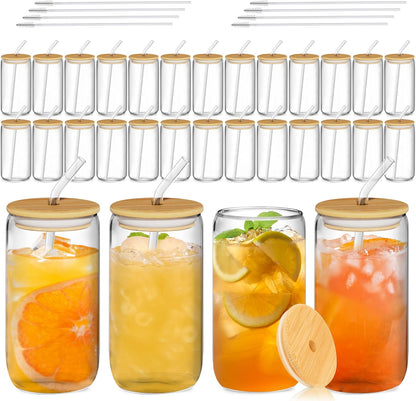 12 Pcs Glass Cups with Bamboo Lids and Straws - 16oz Glass Tumbler, Iced Coffee Cup, Can Shaped Drinking Glasses for Coffee, Tea, Smoothie, Juice, Cocktail Include 2 Cleaning Brushes