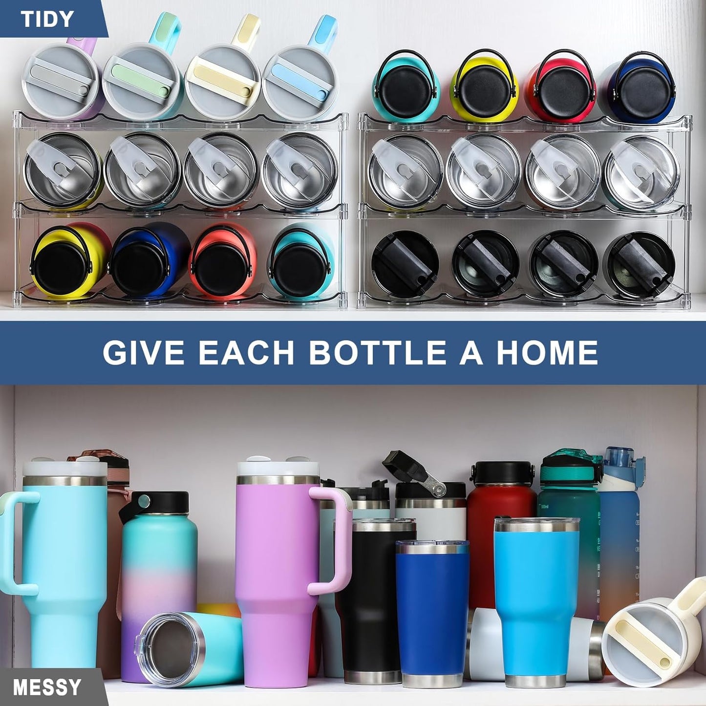 LARGER Compartment - 3 Tier Stackable Water Bottle Organizer Holder - for Stanley 40oz & Others' Large Tumbler - Clear Wine Rack, 12 Cup Bottle Holder for Cabinet Home Countertop Fridge Pantry Shelf