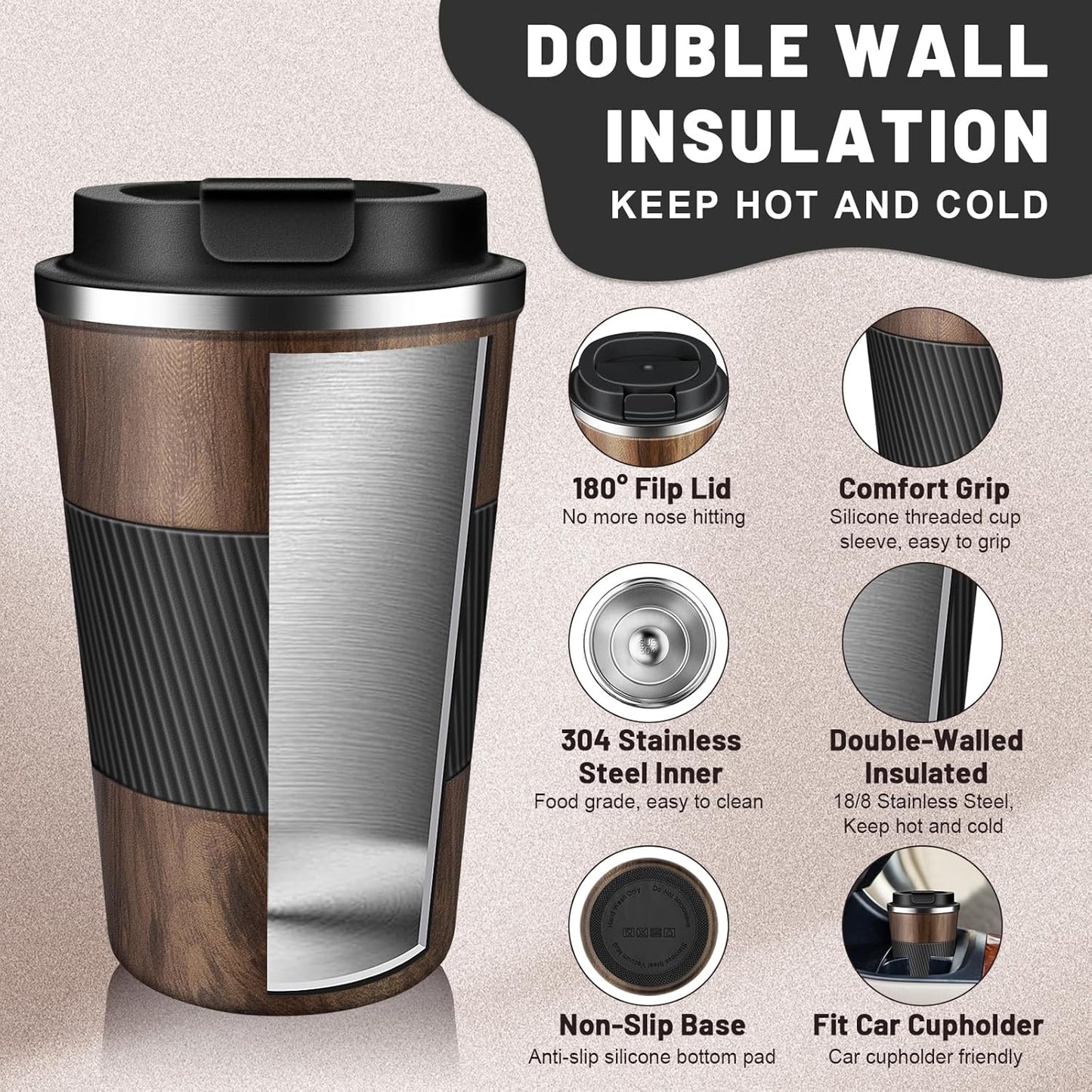 DUBUXW Insulated Coffee Tumblers with Flip Lid 12oz / 17oz, Stainless Steel Travel Coffee Mug Leak Proof, Vacuum Insulated Coffee Mug Reusable Cup, Keeps Cold and Hot for Coffee Tea