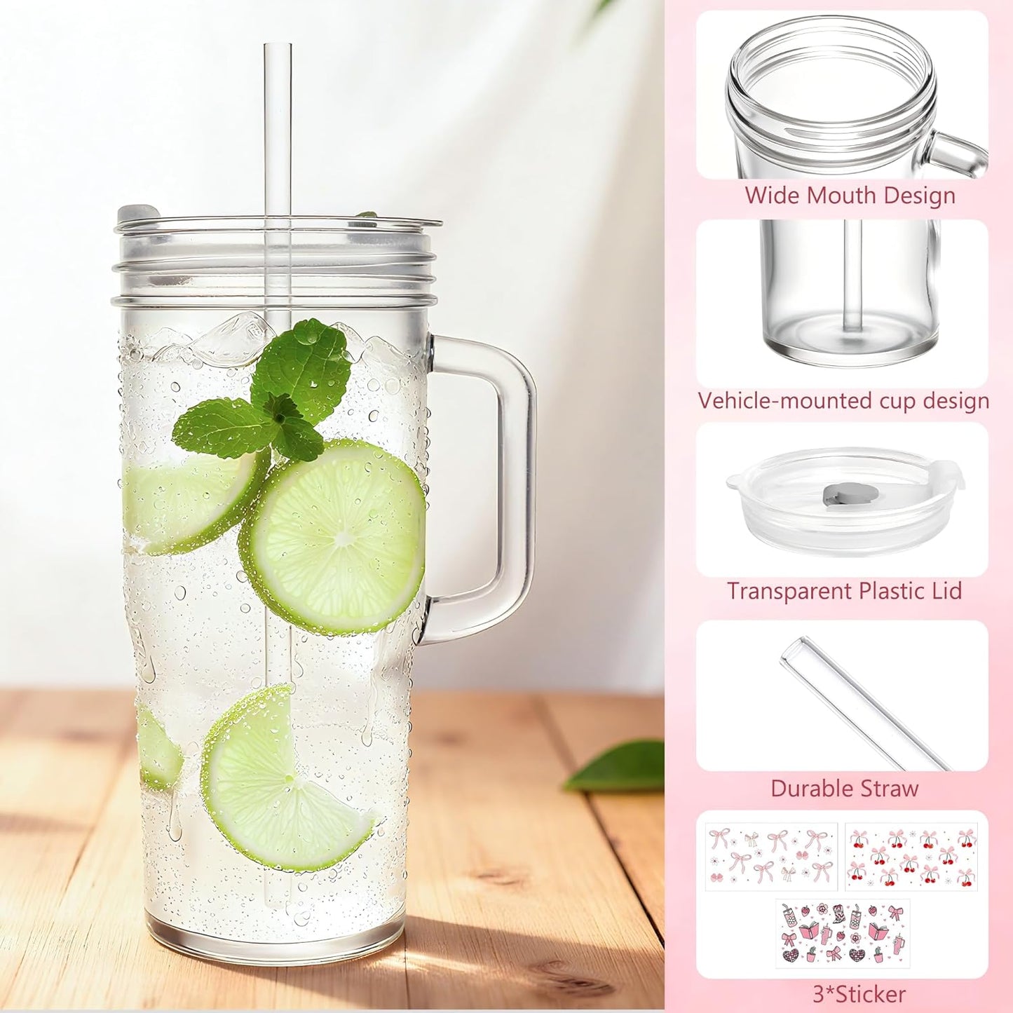 2Pack 40OZ Glass Tumbler with Handle,Glass Cup with Lid and Straw,Reusable Glass Iced Coffee Cup for Beer, Smoothies, Juice,Hot/Cold Drinks-Suitable for Birthday,Wedding