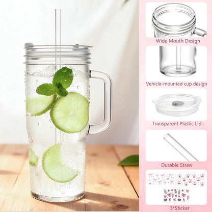2Pack 40OZ Glass Tumbler with Handle,Glass Cup with Lid and Straw,Reusable Glass Iced Coffee Cup for Beer, Smoothies, Juice,Hot/Cold Drinks-Suitable for Birthday,Wedding