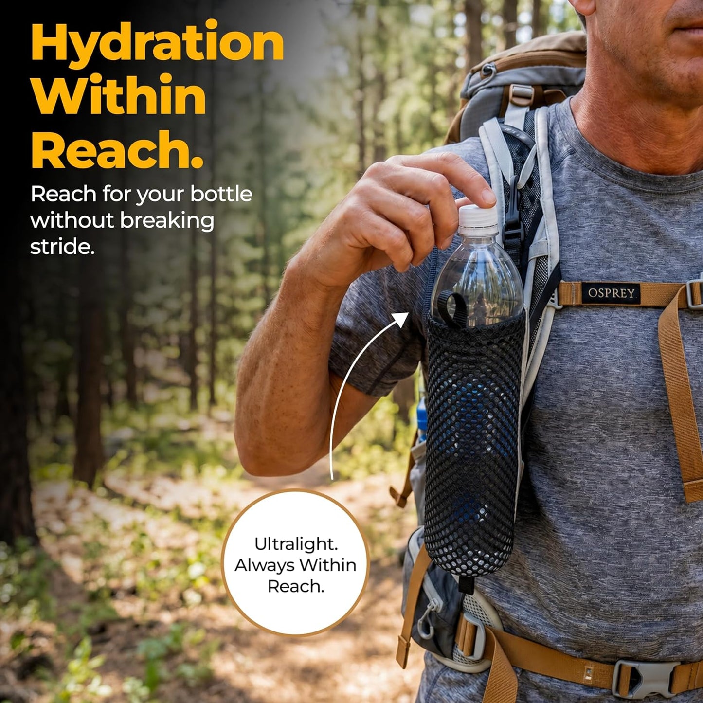 Water Bottle Holder for Backpack Shoulder Strap - Ulttalight 0.7 Ounces, Fits 1L Smartwater, Durabl Mesh, Snap Hook Mount Backpack Attachment