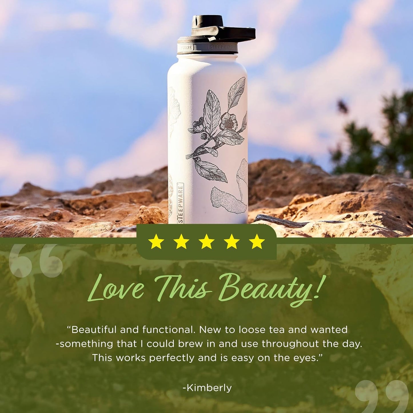 The Tea Spot Himalayan Tea Tumbler - Travel Bottle with Tea Infuser for Loose Leaf Tea or Iced Coffee - 32oz, White-Etched - Double-Walled Insulated Bottle - Keeps Drinks Hot & Cold for Hours