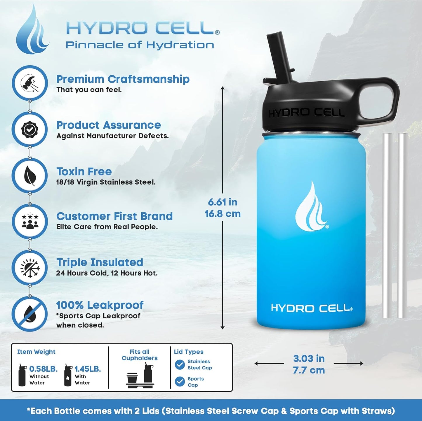 HYDRO CELL Stainless Steel Insulated Water Bottle with Straw - For Cold & Hot Drinks - Metal Vacuum Flask with Screw Cap and Modern Leakproof Sport Thermos for Adults (Neon 18oz)